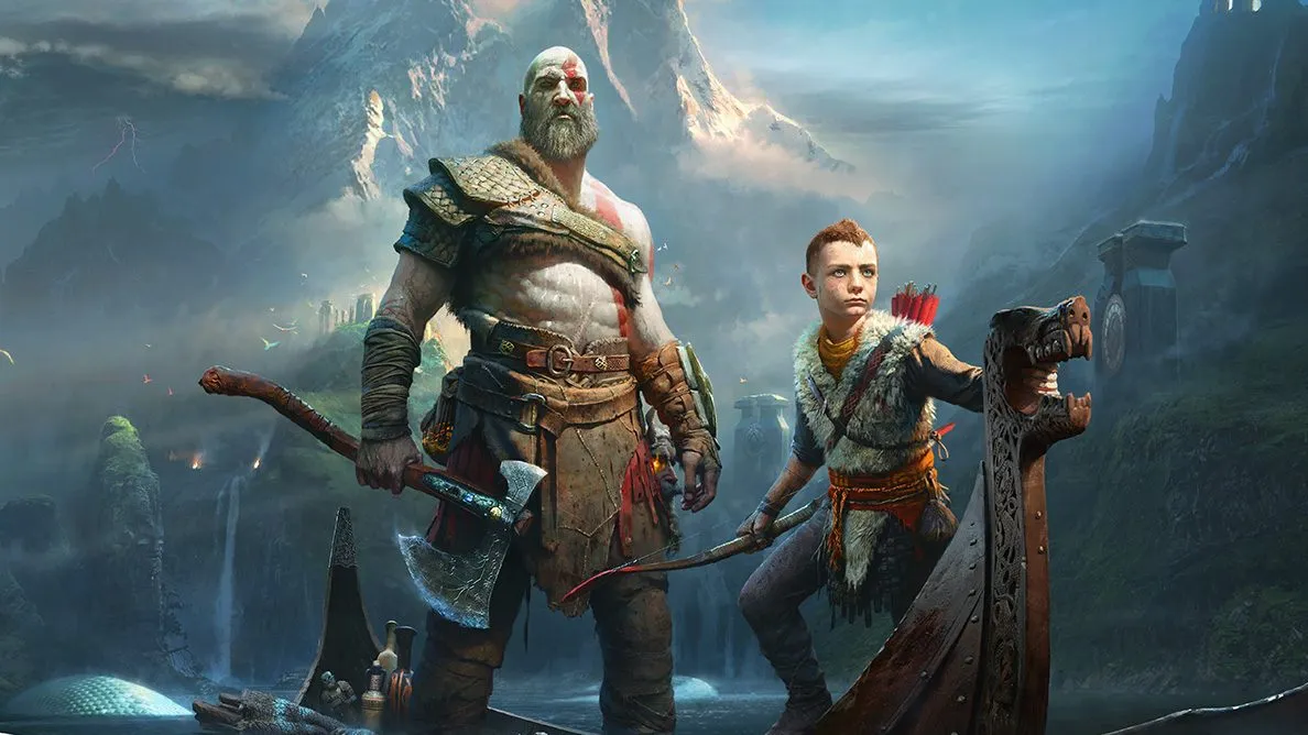 Kratos and Atreus standing together in a dramatic God of War Ragnarök scene, showcasing the father-and-son duo amid a cinematic Norse landscape.