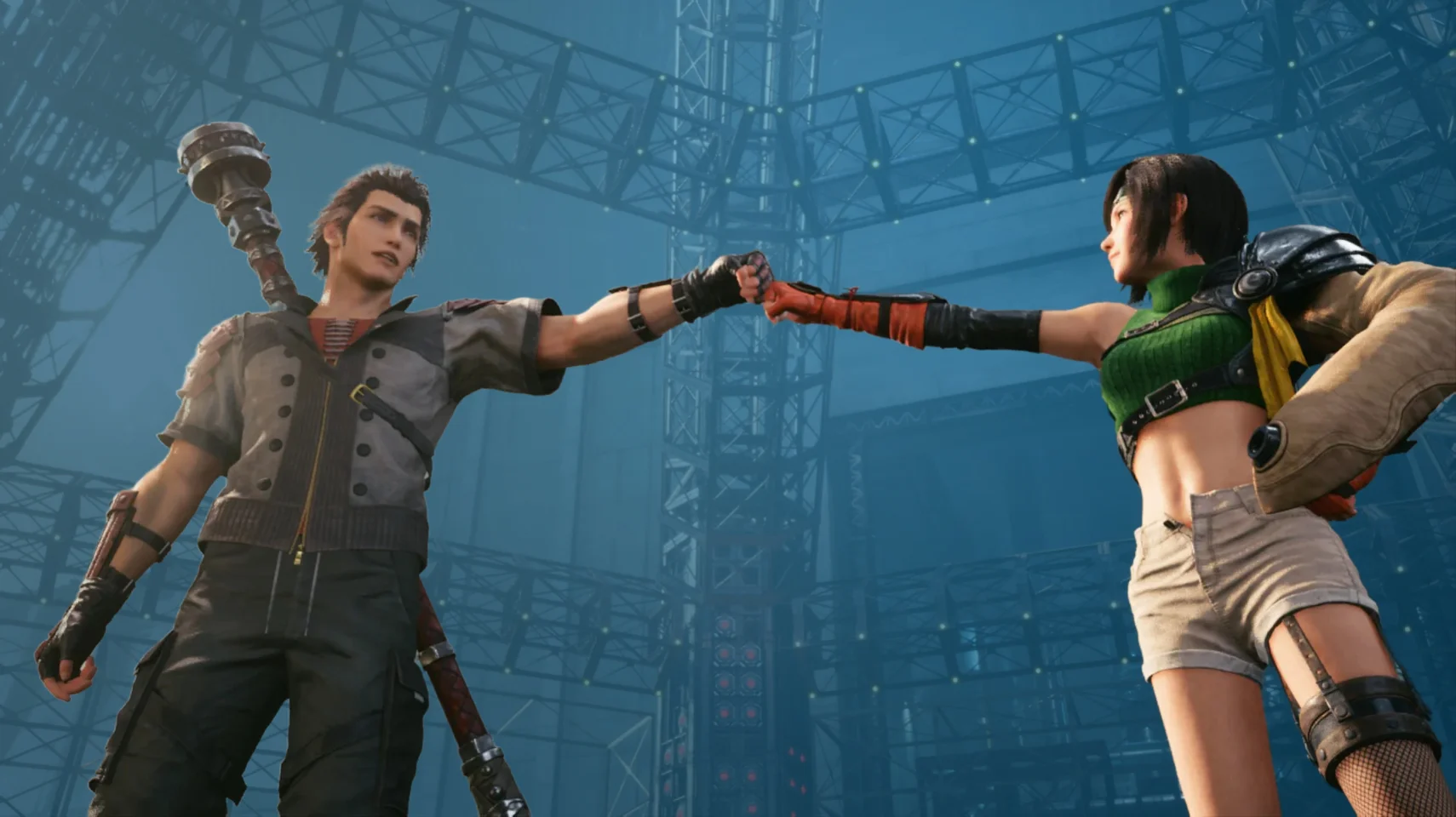 Final Fantasy VII Remake scene showing two characters fist bumping during an emotional story moment