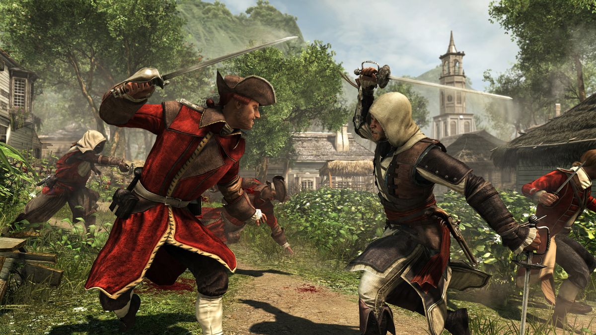 Assassin’s Creed IV Black Flag gameplay scene showing intense sword combat between assassins and enemies