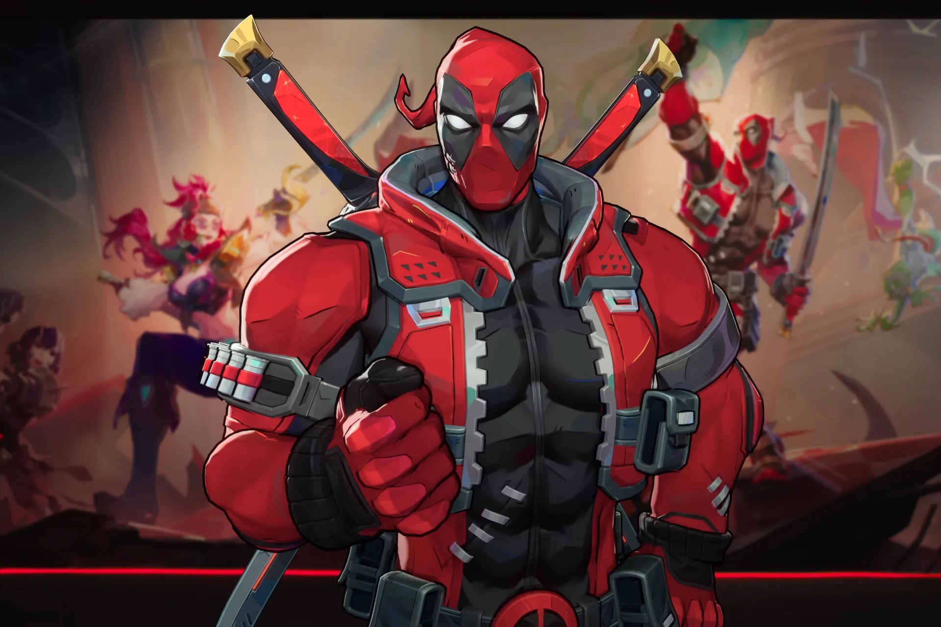 Deadpool character artwork from Marvel Rivals, showcasing the antihero as a new playable hero in the game