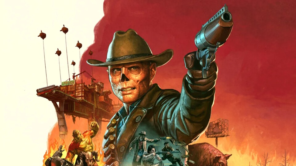 Stylised Fallout 76 artwork showing a gunslinger aiming a revolver in a fiery post-apocalyptic wasteland, with Vault Dwellers and enemies battling in the background.
