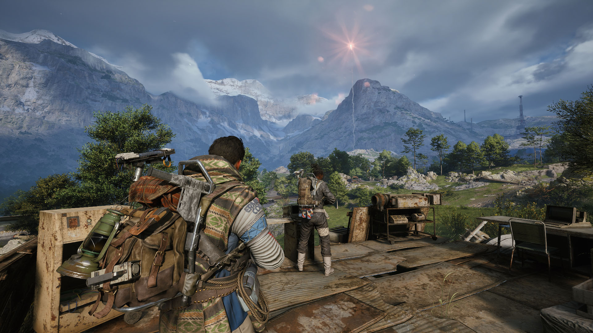 Arc Raiders gameplay screenshot showing two players overlooking a vast open-world landscape during a high-tension raid