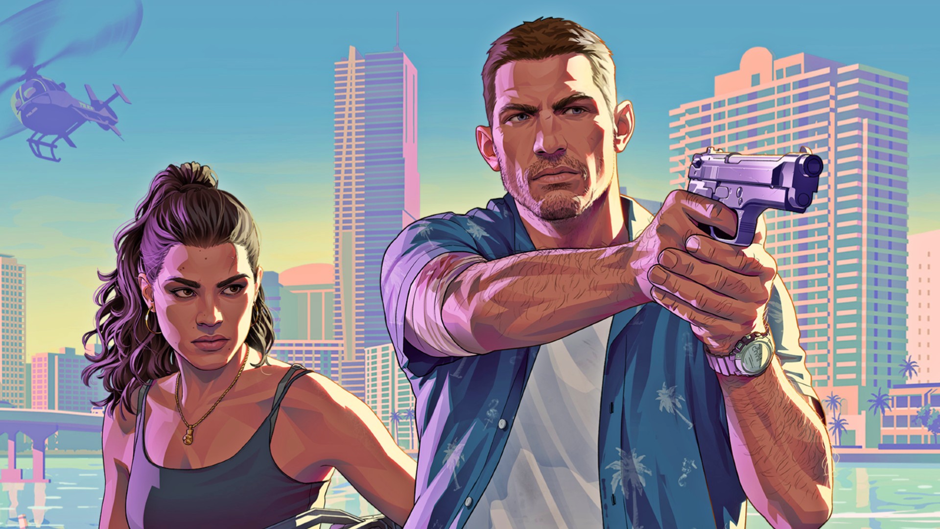 Grand Theft Auto VI artwork showing two main characters in a modern city setting with helicopter and skyline