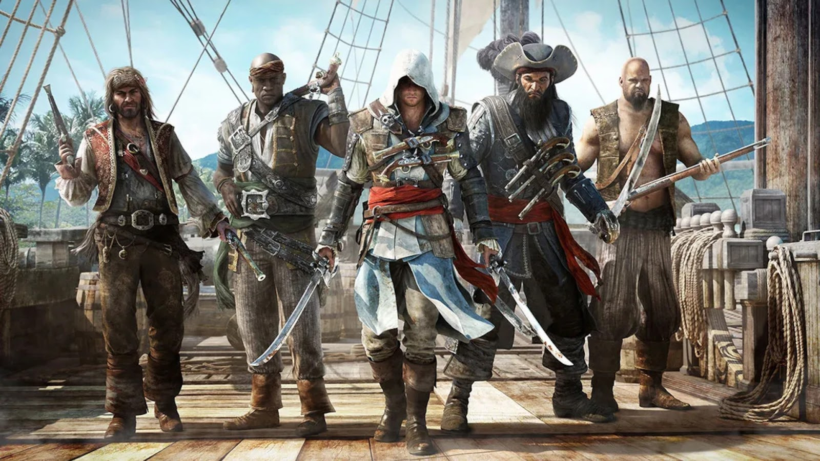 Group of Assassin’s Creed Black Flag characters standing on a pirate ship deck, highlighting the iconic crew amid renewed remake rumours.