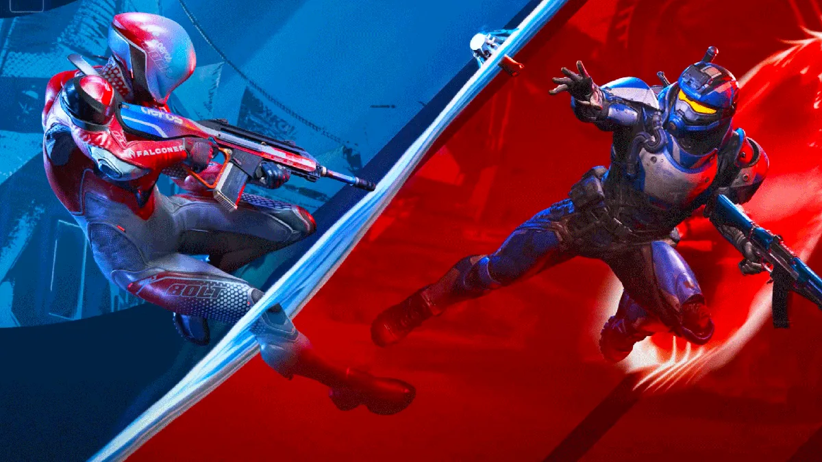 Splitgate Arena Reloaded artwork showing two futuristic armoured soldiers facing off mid-air, divided by blue and red energy, highlighting the game’s fast-paced arena combat and portal-based action.