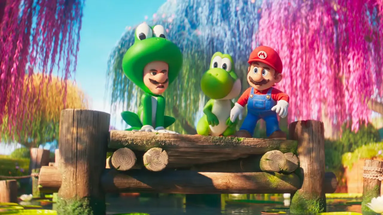 Super Mario Galaxy movie scene featuring Mario and Yoshi in colourful animated world