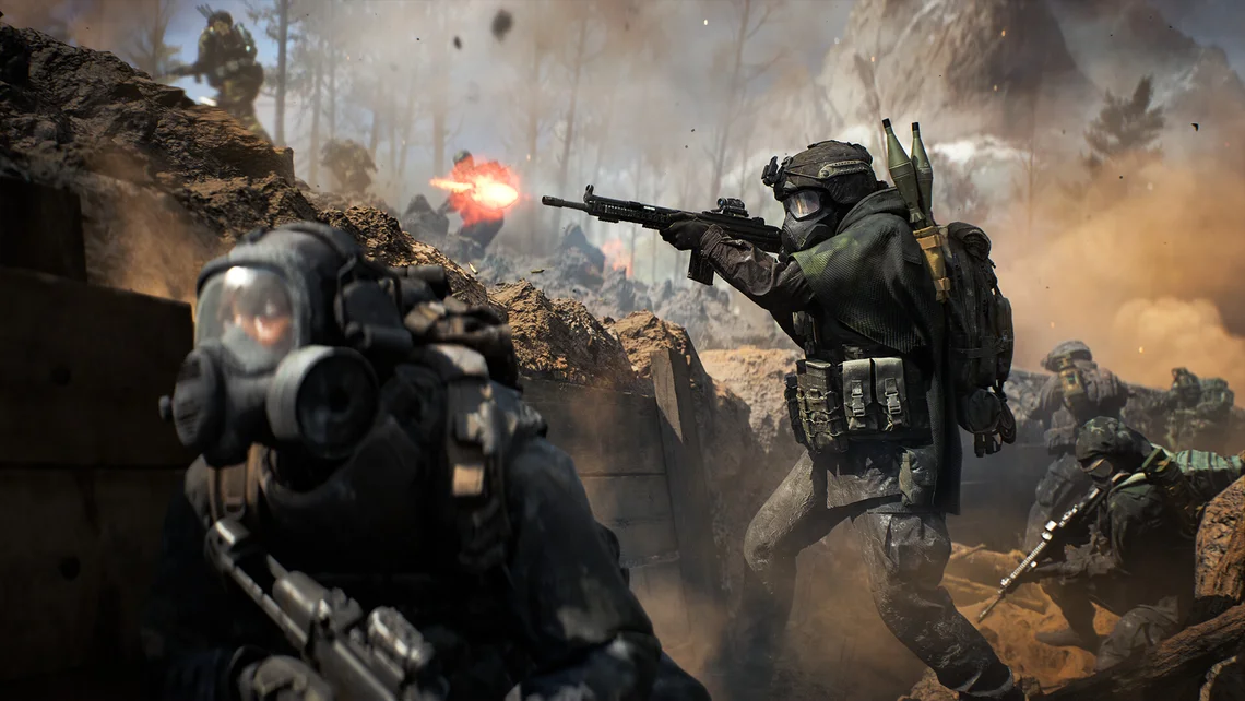 Battlefield 6 Season 2 gameplay screenshot showing soldiers in gas masks engaging in a chaotic firefight on the new multiplayer map with explosions and heavy combat.