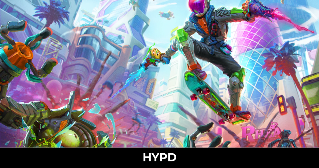 Futuristic High on Life 2 character skateboarding through a neon sci-fi city while battling alien enemies with vibrant weapons.