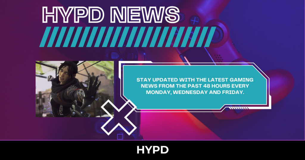 HYPD News graphic promoting Gaming World News with latest gaming updates from the past 48 hours, featuring modern console visuals and an Apex Legends-style character
