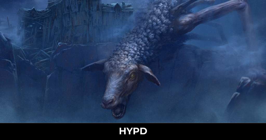 Grotesque goat-like creature lunging from a ruined cliffside building in Reanimal, surrounded by dark blue mist and decaying structures.