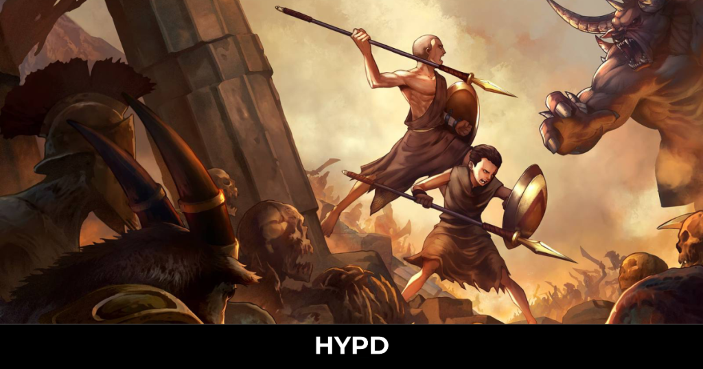 Two Spartan warriors battling a horned mythological creature among ancient ruins in a fiery Greek battlefield scene from God of War Sons of Sparta.