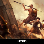 Two Spartan warriors battling a horned mythological creature among ancient ruins in a fiery Greek battlefield scene from God of War Sons of Sparta.