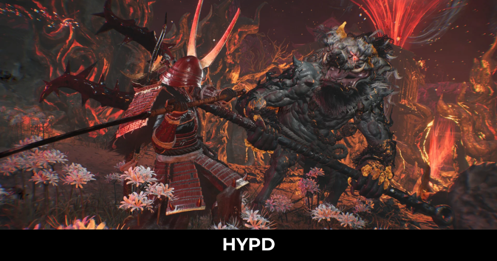 Samurai warrior fighting a giant yokai demon in Nioh 3 boss battle gameplay set in a fiery feudal Japan environment