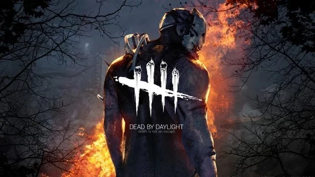 Promotional artwork for Dead by Daylight featuring a masked killer standing before flames with the game’s iconic tally mark logo.
