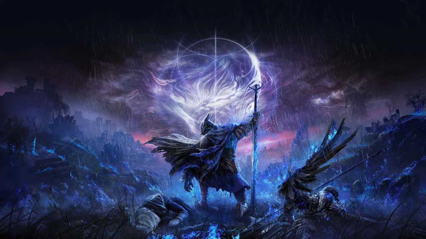 Elden Ring Nightreign key artwork showing a cloaked warrior raising a glowing sword beneath a storm-filled sky with mystical energy swirling overhead in a ruined fantasy landscape.