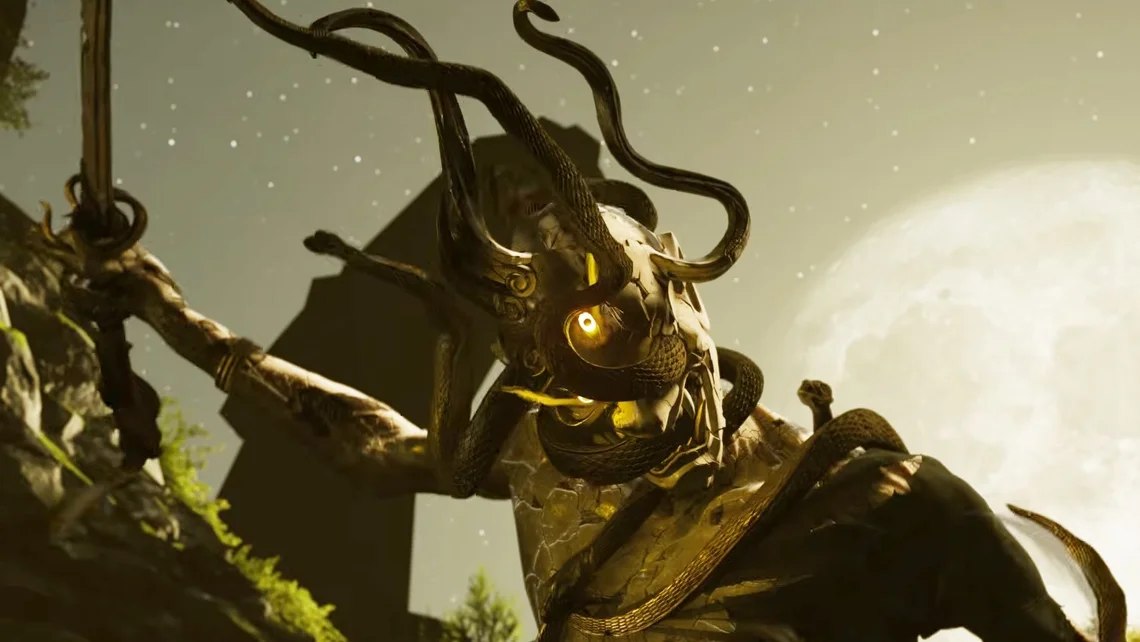 Ghost of Yōtei Legends gameplay screenshot showing a mythic enemy with glowing yellow eyes and snakes emerging from their face under a moonlit sky