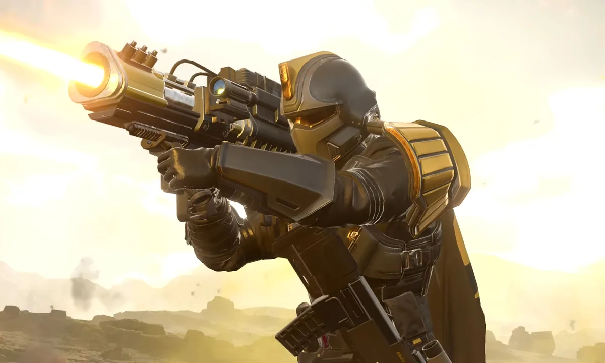 Helldivers 2 gameplay showing a heavily armoured soldier firing a powerful weapon following the Siege Breakers warbond update