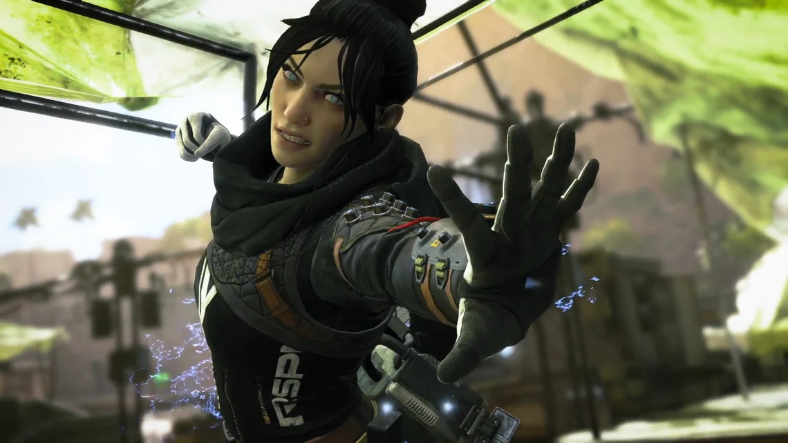 Wraith from Apex Legends using her abilities in an intense in-game combat scene, highlighting fast-paced battle royale action