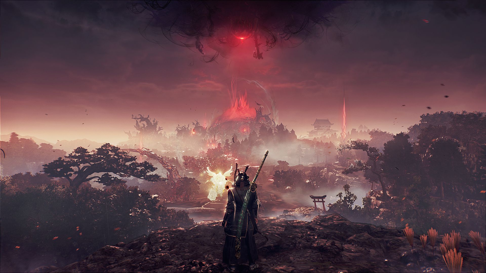 Samurai overlooking a yokai-infested feudal Japan landscape in Nioh 3 open world gameplay with glowing guardian spirit and volcanic backdrop