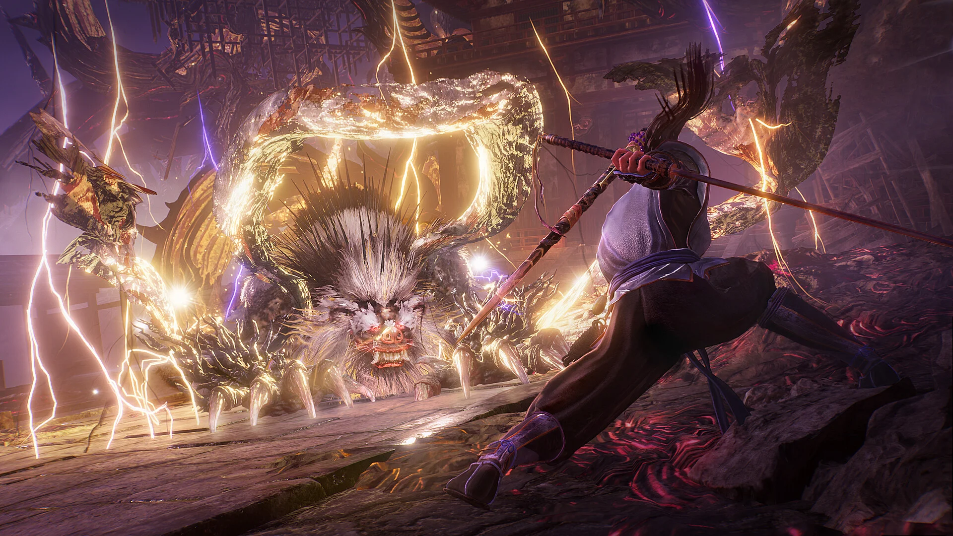 Player battling a giant lightning-infused yokai boss in Nioh 3 during an intense feudal Japan combat encounter
