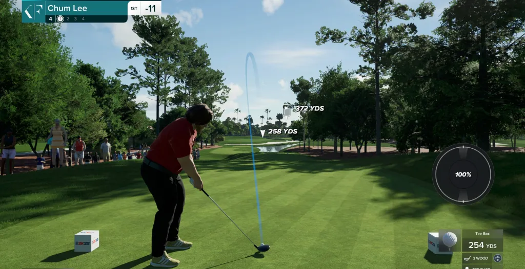 Gameplay screenshot from PGA Tour 2K25 showing a golfer teeing off with shot trajectory and distance indicators on screen.