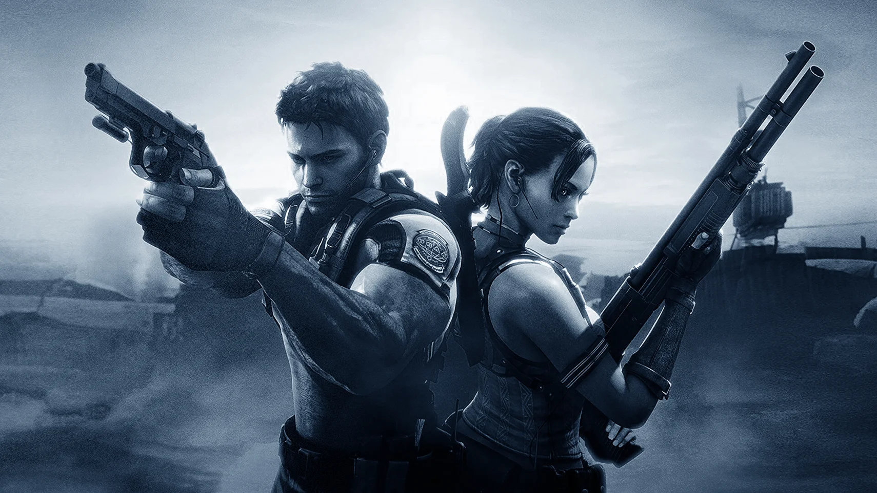 Chris Redfield and Sheva Alomar standing back-to-back with weapons drawn in Resident Evil 5 remake-style promotional artwork