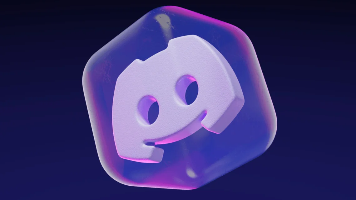 3D rendered Discord logo icon in purple and blue lighting on a dark background.