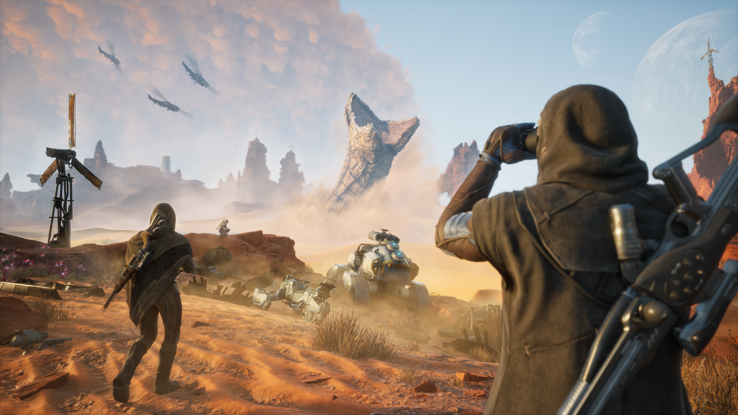 Dune Awakening gameplay scene showing players facing a giant sandworm in the desert following the game’s biggest update yet