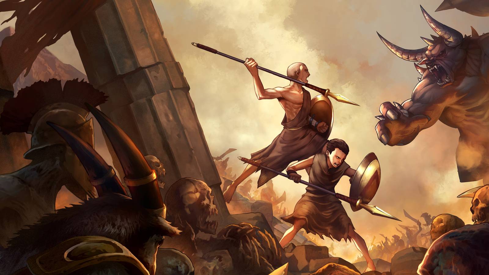 Illustrated key art for God of War: Sons of Sparta showing two warriors battling demonic creatures in a fiery mythological battlefield.