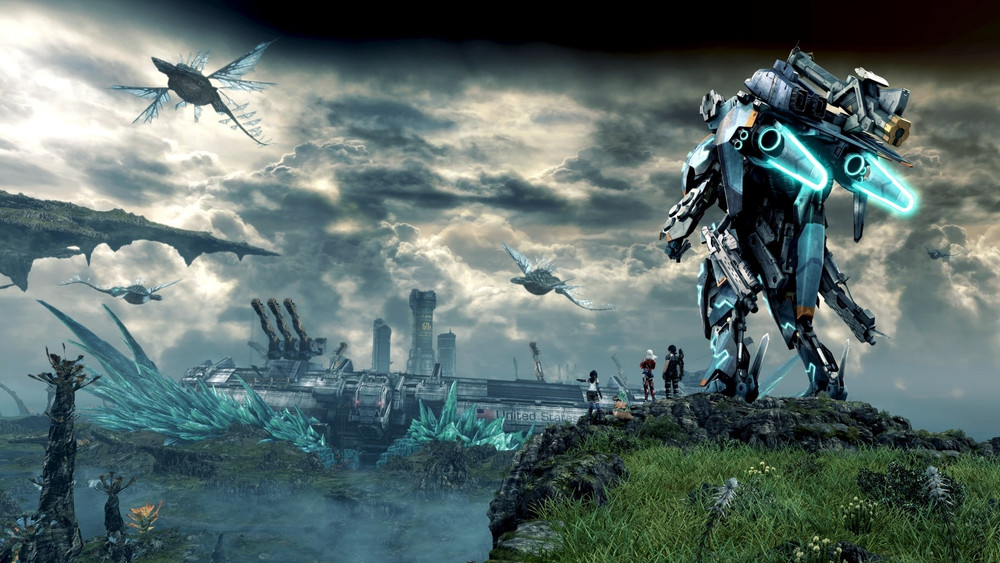 Futuristic mech overlooking alien landscape in Xenoblade Chronicles X Definitive Edition with floating creatures and sci-fi city in the distance.