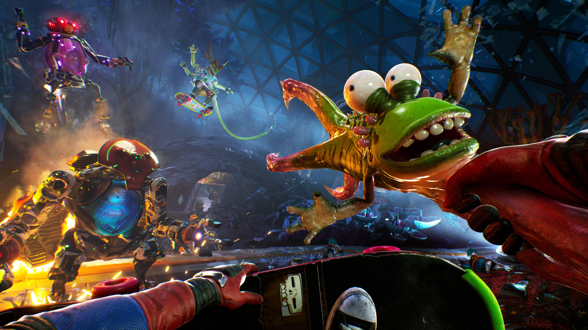 First-person High on Life 2 gameplay showing a chaotic alien battle with a talking creature weapon and robotic enemies inside a futuristic biodome arena.