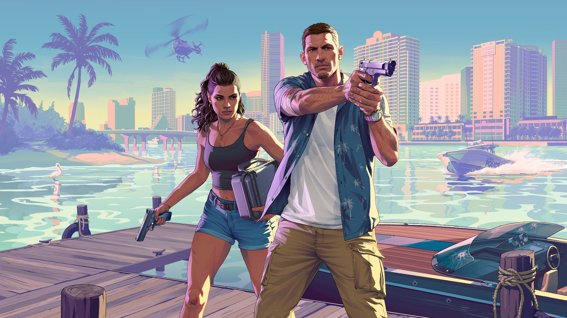 Stylised GTA 6 artwork showing two armed characters on a waterfront dock, used to illustrate news confirming physical copies at launch