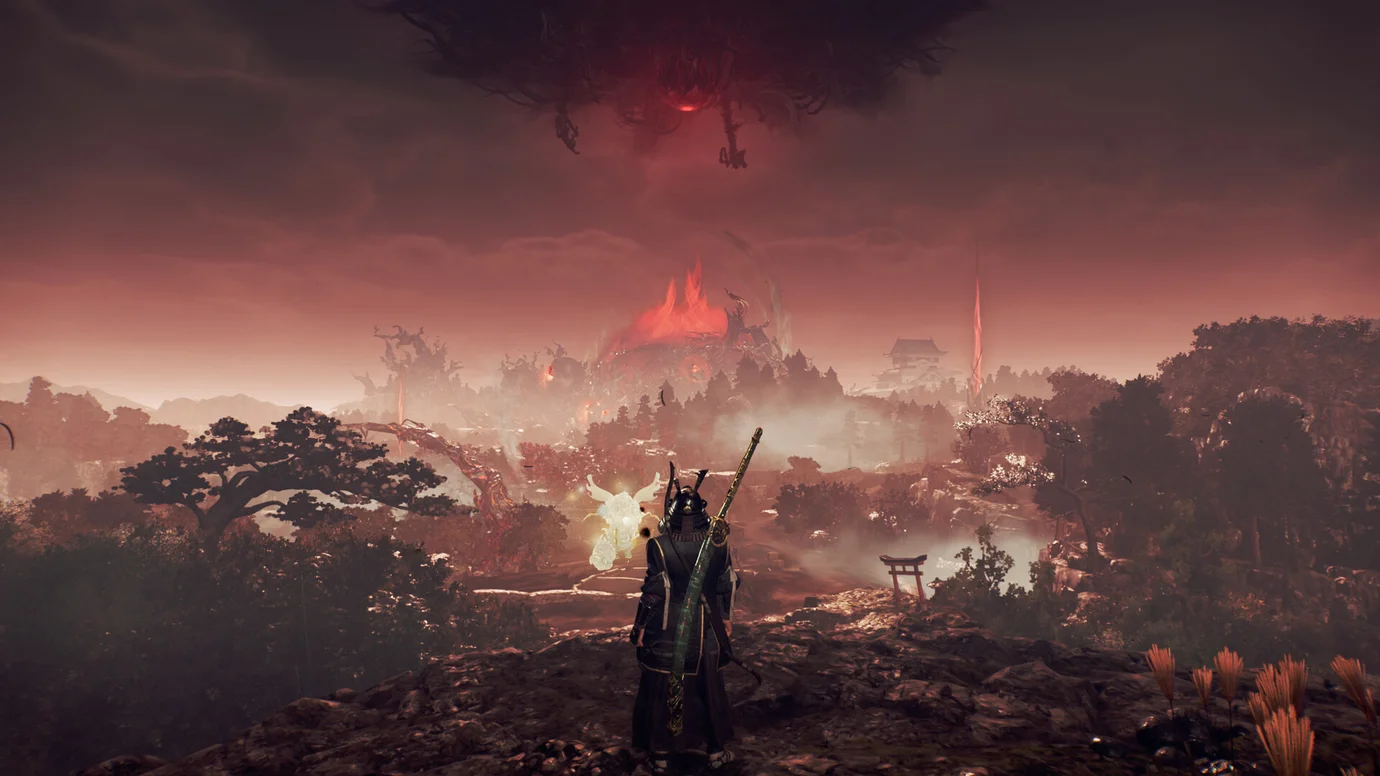 Nioh 3 gameplay screenshot showing a samurai overlooking a dark fantasy landscape following the game’s record-breaking PC player launch.