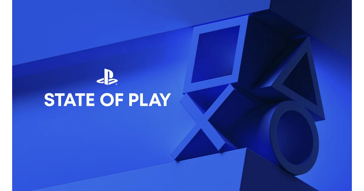 Blue PlayStation State of Play promotional image featuring the PlayStation logo and iconic controller symbols in a geometric 3D design