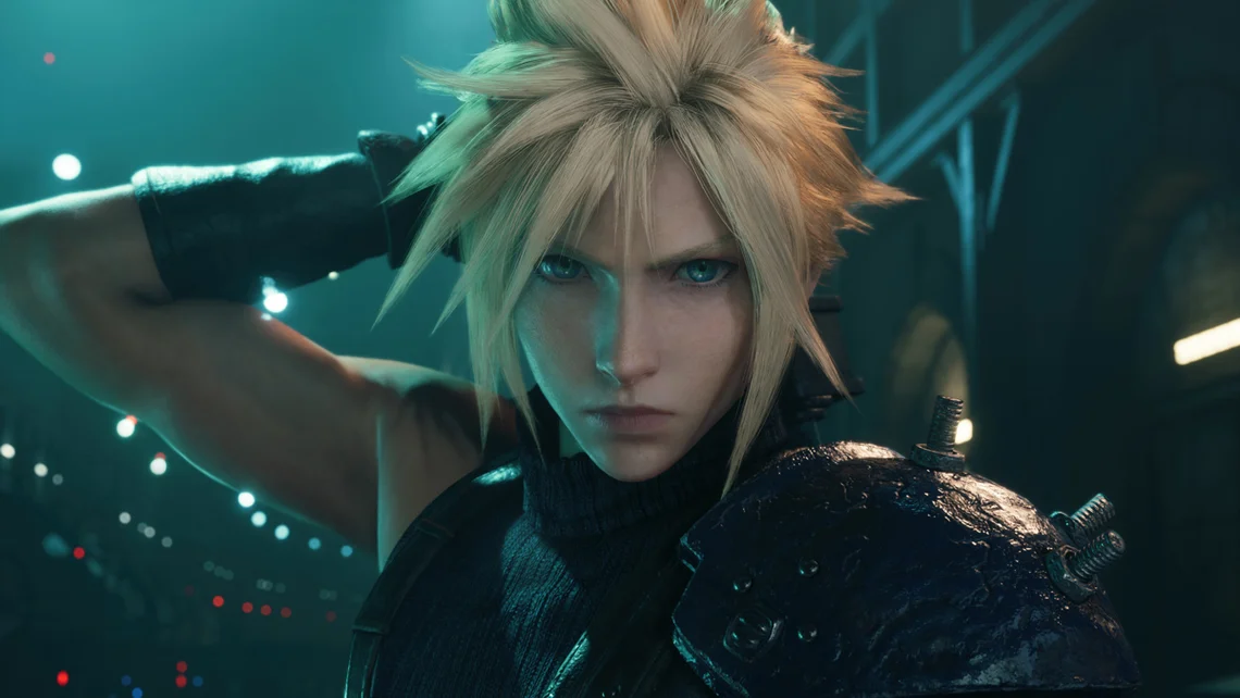 Close-up of Cloud Strife from Final Fantasy 7 Remake showcasing detailed character graphics and cinematic lighting in a night-time city setting.
