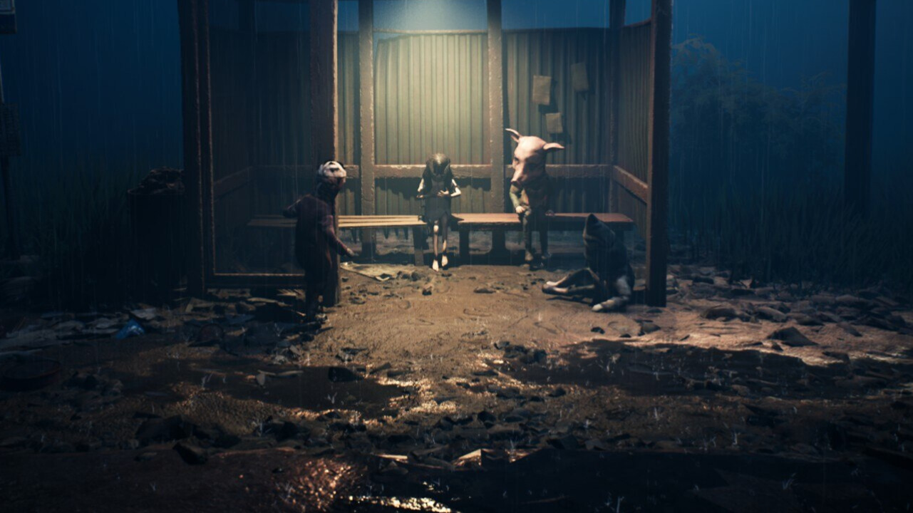 Dark Reanimal gameplay scene showing two child siblings standing in a muddy, rain-soaked bus stop facing eerie masked animal figures under dim lighting.