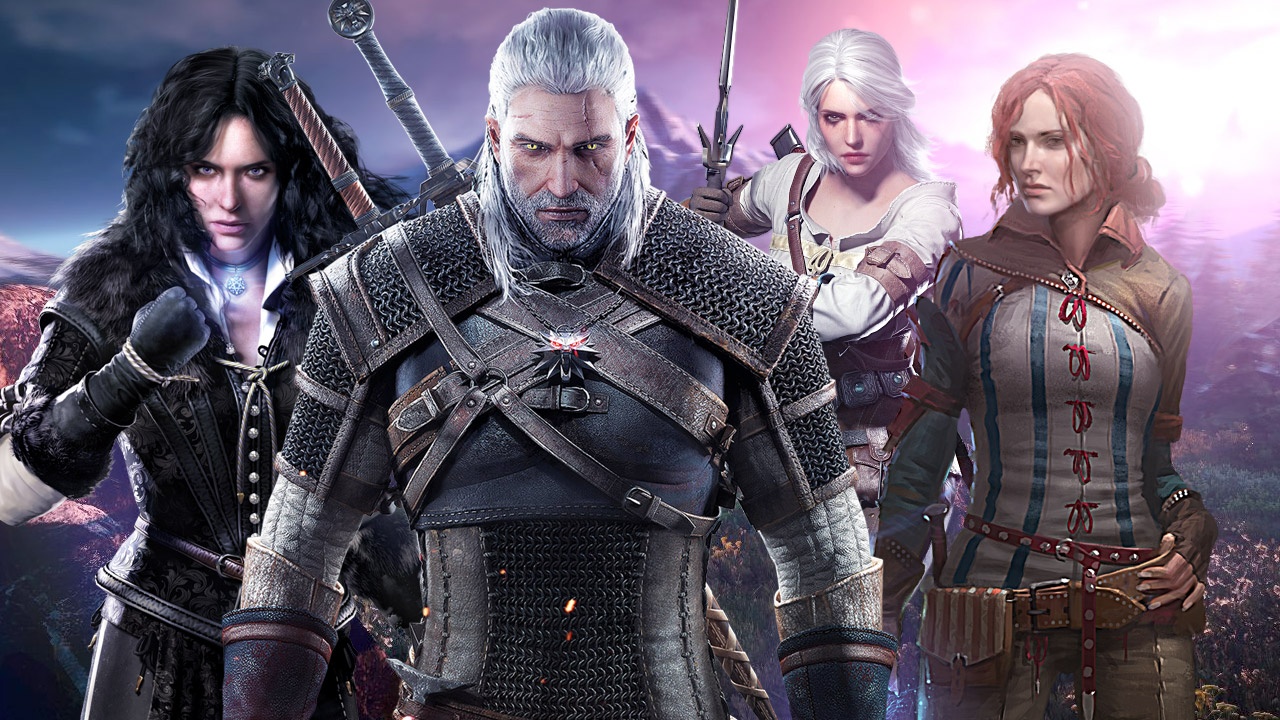 Promotional artwork from The Witcher 3: Wild Hunt Complete Edition featuring Geralt of Rivia, Yennefer, Ciri and Triss standing against a dramatic fantasy landscape backdrop.
