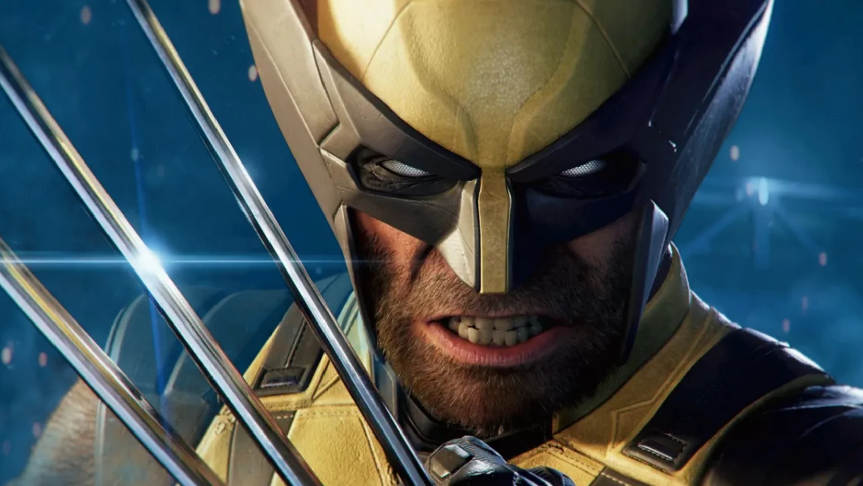 Close-up gameplay image of Wolverine on PS5, showing the masked Marvel character with extended adamantium claws in an intense action scene.