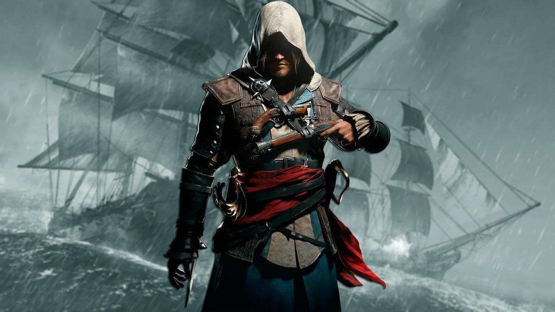 Edward Kenway standing on a stormy sea with pirate ships behind him in Assassin’s Creed Black Flag Resynced promotional artwork.