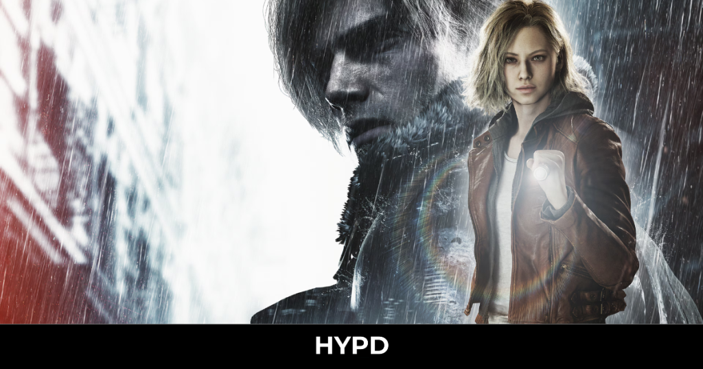 Resident Evil Requiem promotional artwork featuring a female protagonist in a rain-soaked city holding a torch, with a shadowed character behind her and dark atmospheric lighting.