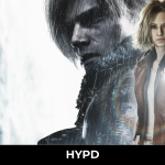Resident Evil Requiem promotional artwork featuring a female protagonist in a rain-soaked city holding a torch, with a shadowed character behind her and dark atmospheric lighting.