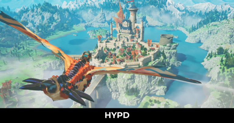 Player riding a flying Monstie over a fantasy castle surrounded by lakes and mountains in Monster Hunter Stories 3 Twisted Reflection
