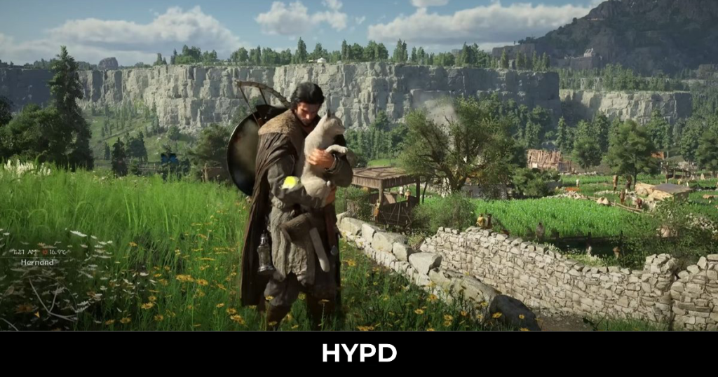 Crimson Desert gameplay showing Kliff holding a sheep in a vast open world with cliffs, village farmland, and detailed landscape scenery