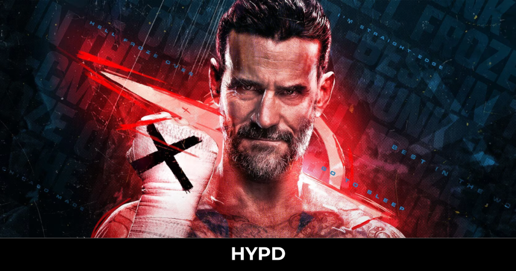Close-up of CM Punk in WWE 2K26 cover art with red lighting effects and intense expression