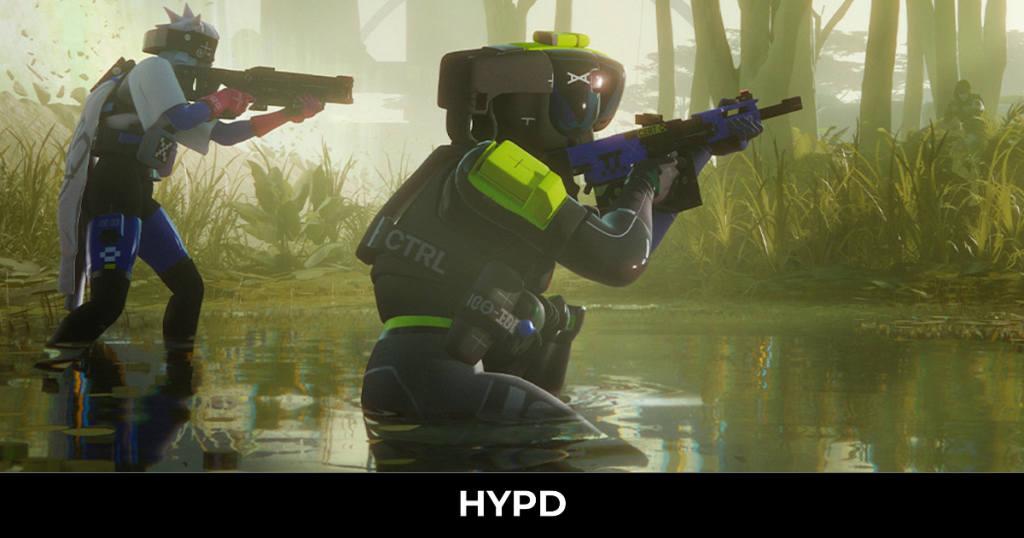 Two futuristic runners wading through water and aiming weapons in a dense alien forest environment in Marathon extraction shooter gameplay