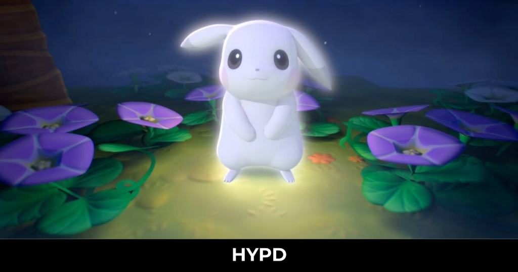 Cute glowing Pokémon standing among purple flowers at night in the Pokopia region from Pokémon Pokopia game