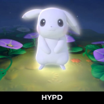 Cute glowing Pokémon standing among purple flowers at night in the Pokopia region from Pokémon Pokopia game