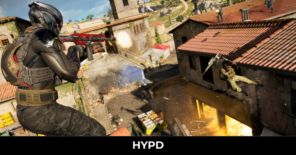 Call of Duty Black Ops 7 rooftop firefight gameplay scene in Warzone Season 02 Reloaded with soldiers battling across village rooftops