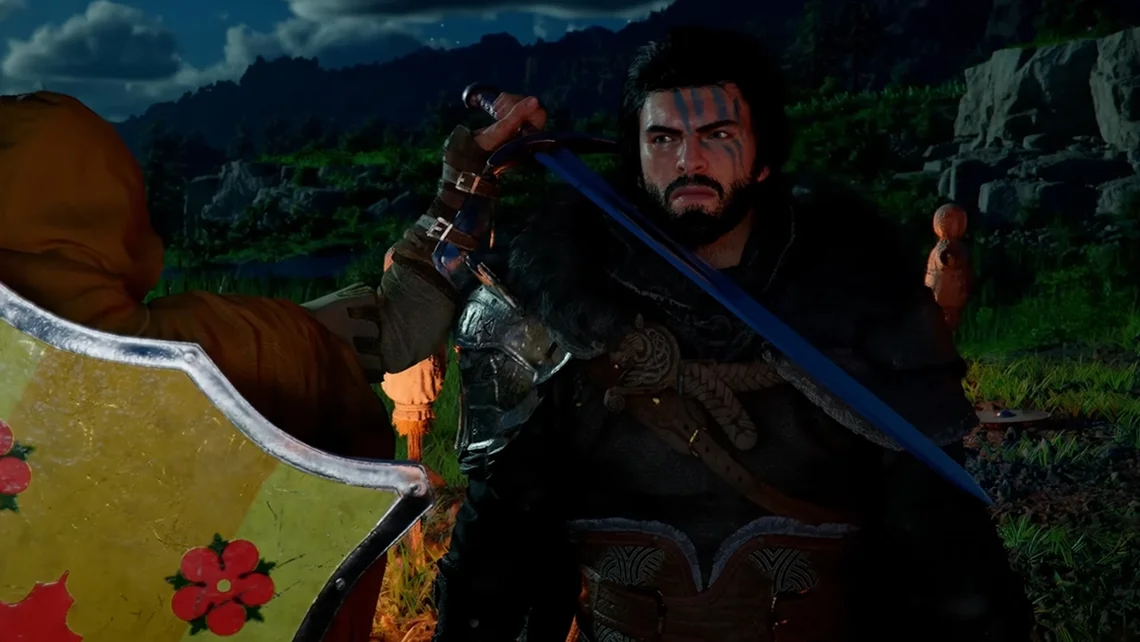 Crimson Desert gameplay screenshot showing armoured warrior holding sword and shield in a dark outdoor environment highlighting combat visuals