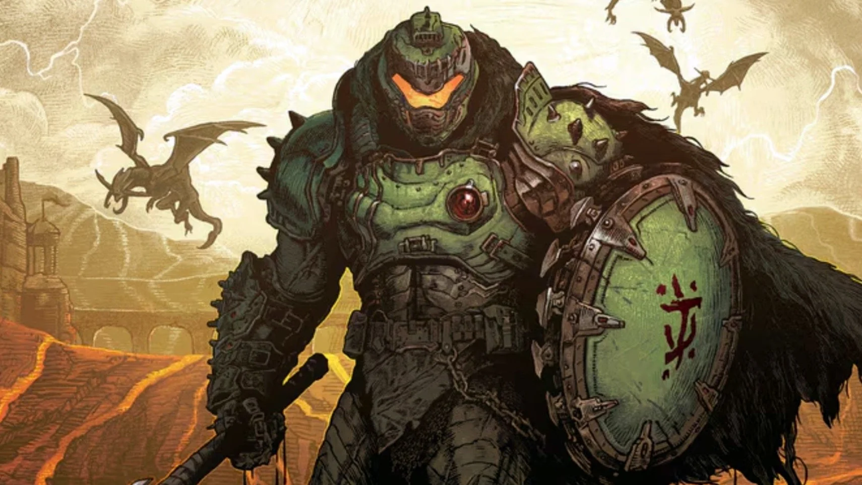 Doom Slayer in medieval armour holding a spiked shield and weapon in Doom: The Dark Ages, with dragons flying over a fiery battlefield in the background.